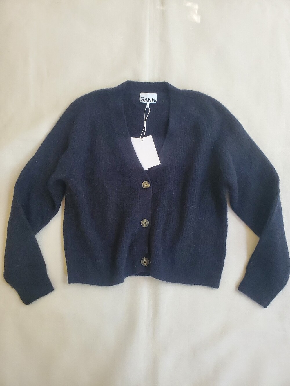 NWT$335 Ganni Brushed Navy Ribbed Knit V-Neck Button-Front Cardigan Sz XS